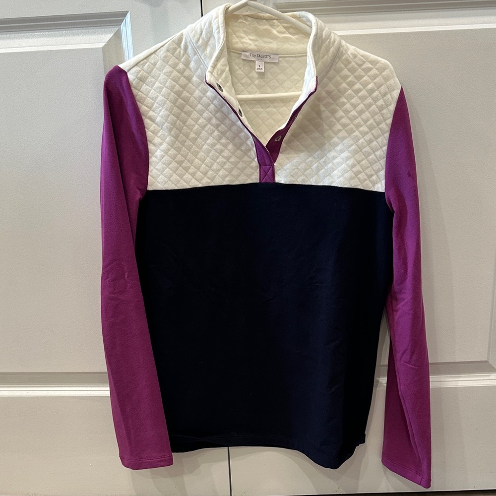 T by Talbots Purple and Cream Quilted Long Sleeve Top